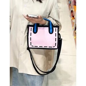 Pink cartoon 3D handbag with purple sides and strap